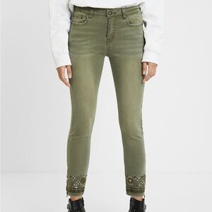 DESIGUAL Washed Khaki Embroidered Jeans